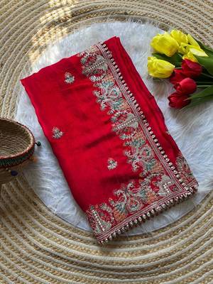 red satin silk saree with heavy embroidery and butti motifs 3