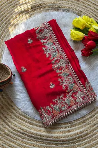 red satin silk saree with heavy embroidery and butti motifs