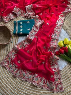 red satin silk saree with heavy embroidery and butti motifs 4