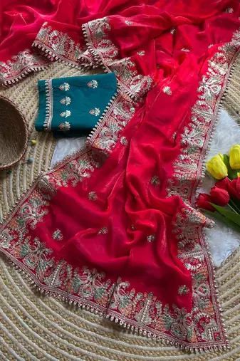 red satin silk saree with heavy embroidery and butti motifs