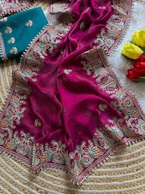 rani pink satin silk saree with floral embroidery and tassels 1