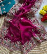 Rani Pink Color Embroidery and Butti Work Fandy Sattin Silk Saree