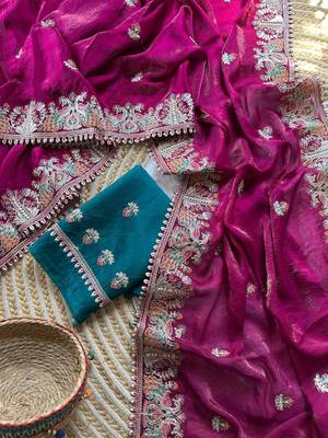 rani pink satin silk saree with floral embroidery and tassels 2