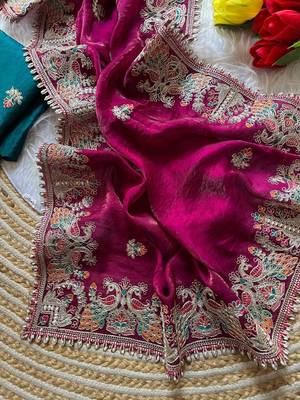rani pink satin silk saree with floral embroidery and tassels 3