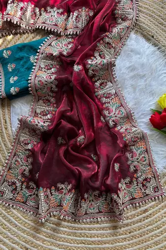 Maroon Color Embroidery and Butti Work Fandy Sattin Silk Saree