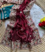 Maroon Color Embroidery and Butti Work Fandy Sattin Silk Saree