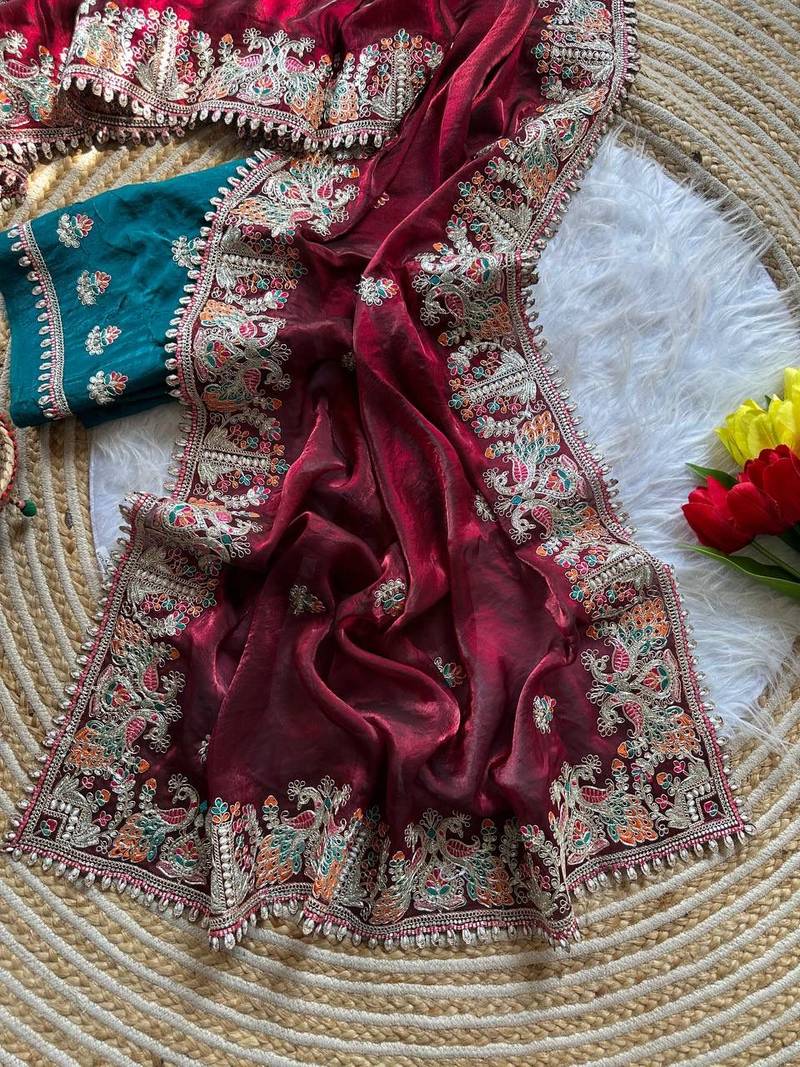 Maroon Color Embroidery and Butti Work Fandy Sattin Silk Saree