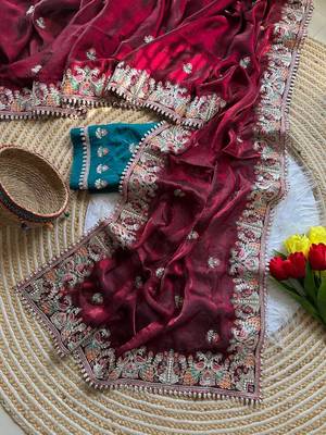 maroon satin silk saree with butti work and embroidered pallu 2