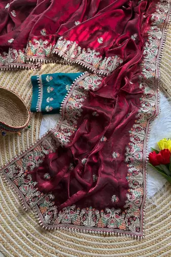 maroon satin silk saree with butti work and embroidered pallu