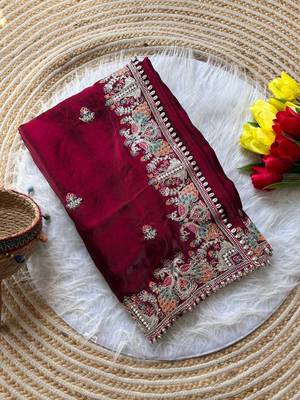 maroon satin silk saree with butti work and embroidered pallu 3