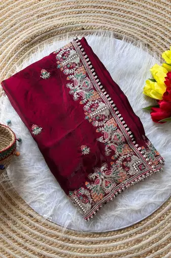 maroon satin silk saree with butti work and embroidered pallu