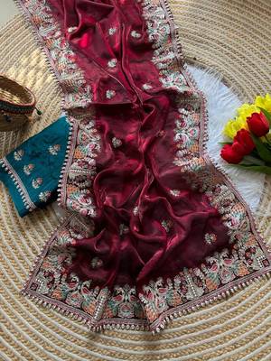 maroon satin silk saree with butti work and embroidered pallu 4