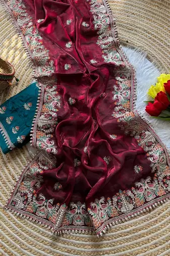 maroon satin silk saree with butti work and embroidered pallu