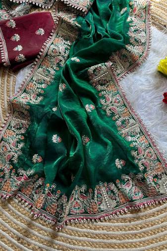 Green Color Embroidery and Butti Work Fandy Sattin Silk Saree