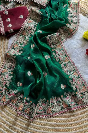 Green Color Embroidery and Butti Work Fandy Sattin Silk Saree