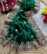 Green Color Embroidery and Butti Work Fandy Sattin Silk Saree