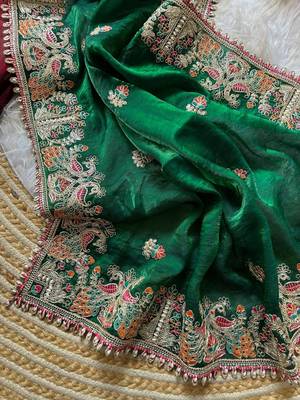 green satin silk saree with floral embroidery and tassels 3