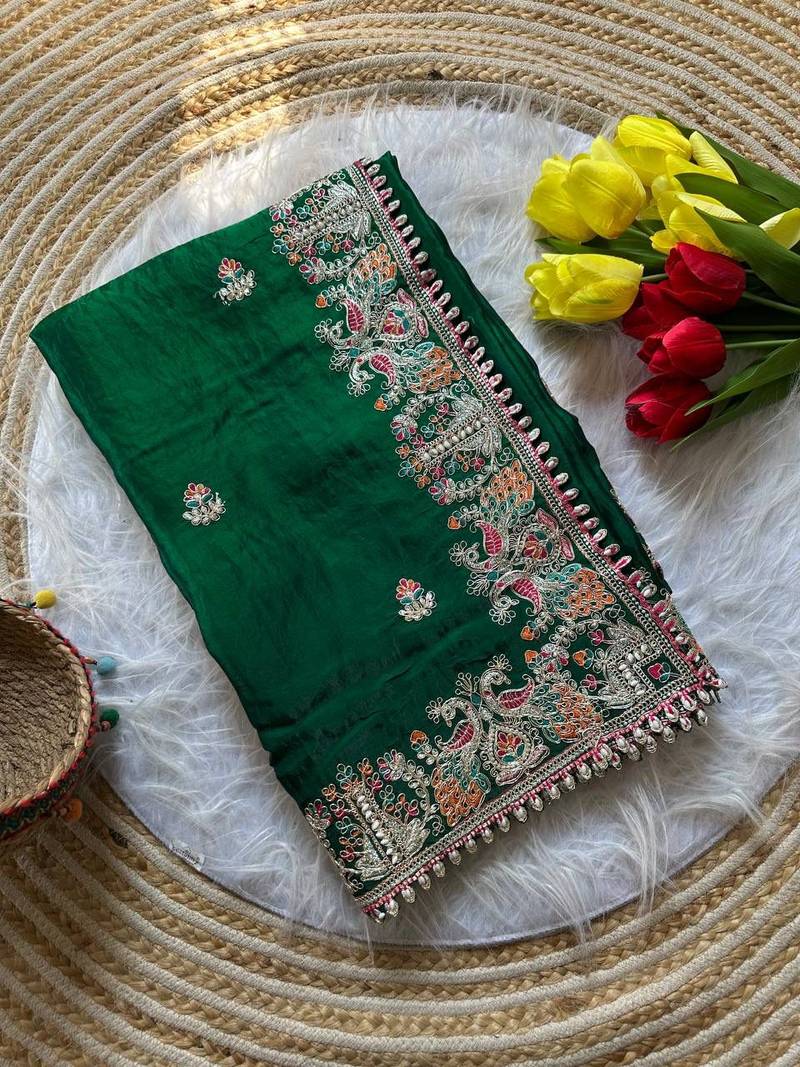 Green Color Embroidery and Butti Work Fandy Sattin Silk Saree