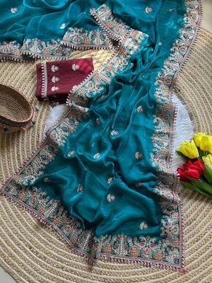 teal satin silk saree with embroidery and butti work 1