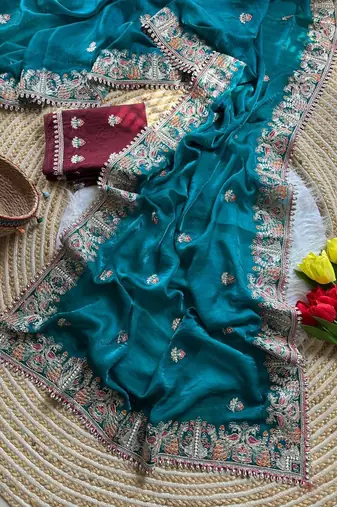 Teal Color Embroidery and Butti Work Fandy Sattin Silk Saree