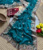 Teal Color Embroidery and Butti Work Fandy Sattin Silk Saree