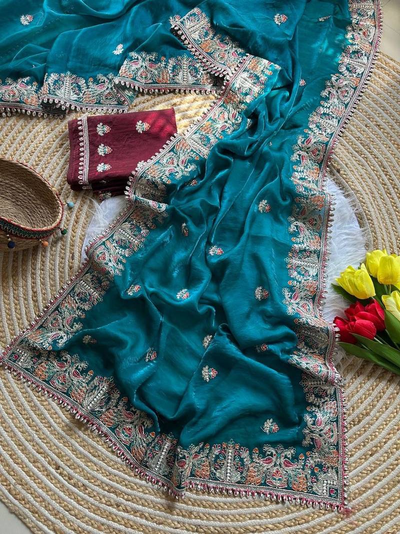 Teal Color Embroidery and Butti Work Fandy Sattin Silk Saree