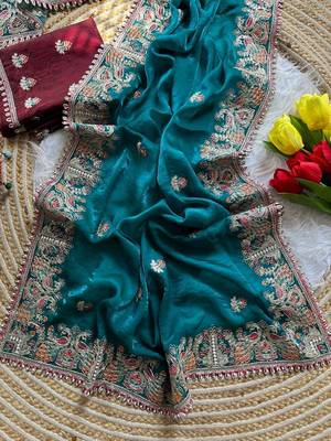 teal satin silk saree with embroidery and butti work 2