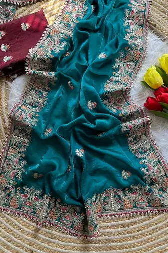 teal satin silk saree with embroidery and butti work