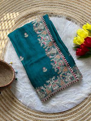 teal satin silk saree with embroidery and butti work 3