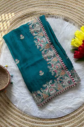 teal satin silk saree with embroidery and butti work