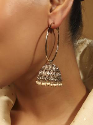 antique gold jhumki earrings with brown stones & pearls 5