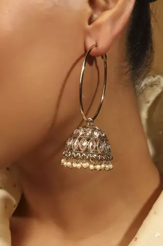 antique gold jhumki earrings with brown stones & pearls