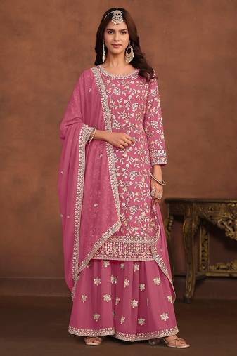 Pink georgette embroidery & sequins semi stitched suit size up to 42