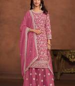 Pink georgette embroidery & sequins semi stitched suit size up to 42