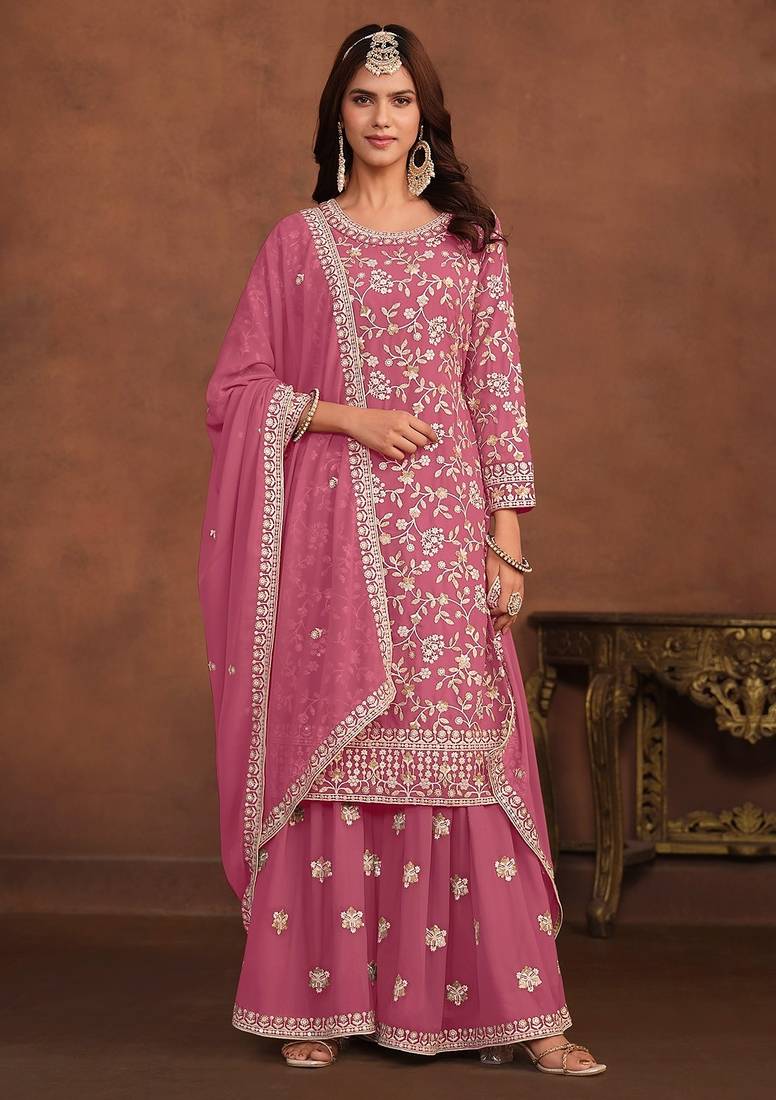 Pink georgette embroidery & sequins semi stitched suit size up to 42