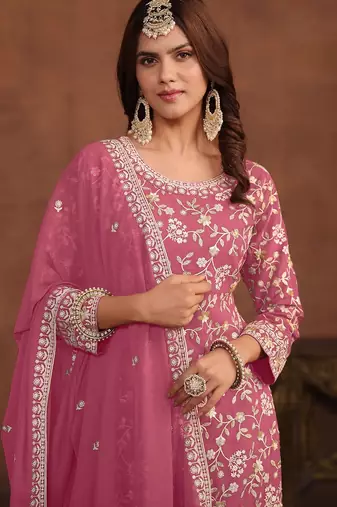 Pink georgette embroidery & sequins semi stitched suit size up to 42