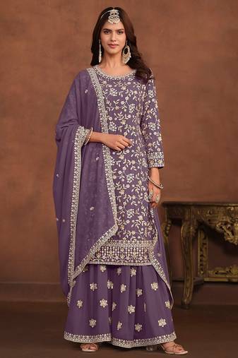 Purple georgette embroidery & sequins semi stitched suit size up to 42