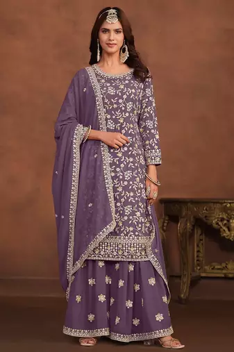 Purple georgette embroidery & sequins semi stitched suit size up to 42