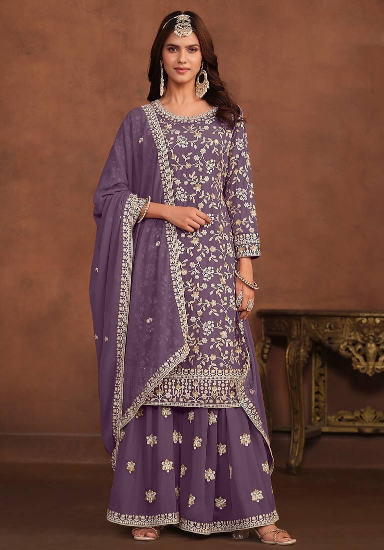 Purple georgette embroidery & sequins semi stitched suit size up to 42