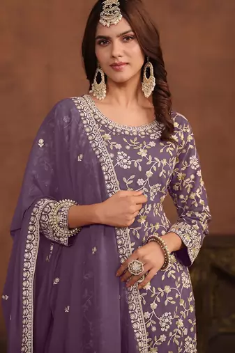 Purple georgette embroidery & sequins semi stitched suit size up to 42