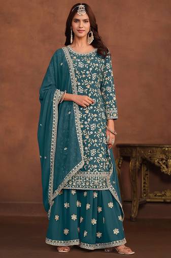 Teal blue georgette embroidery & sequins semi stitched suit size up to 42