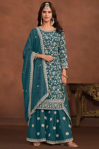 Teal blue georgette embroidery & sequins semi stitched suit size up to 42