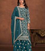 Teal blue georgette embroidery & sequins semi stitched suit size up to 42