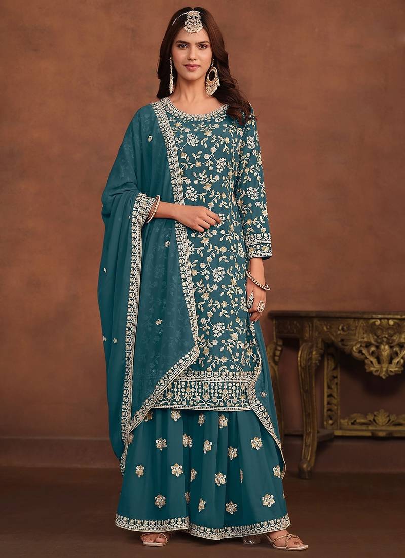 Teal blue georgette embroidery & sequins semi stitched suit size up to 42