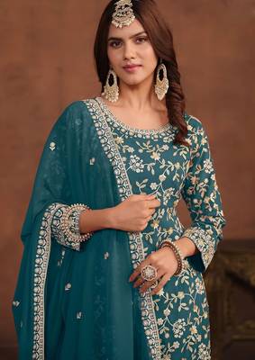 Teal blue georgette embroidery & sequins semi stitched suit size up to 42 2