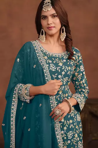 Teal blue georgette embroidery & sequins semi stitched suit size up to 42