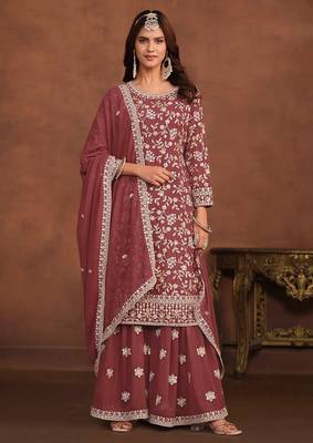 Mauve georgette embroidery & sequins semi stitched suit size up to 42 1