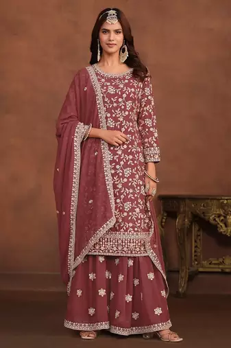 Mauve georgette embroidery & sequins semi stitched suit size up to 42