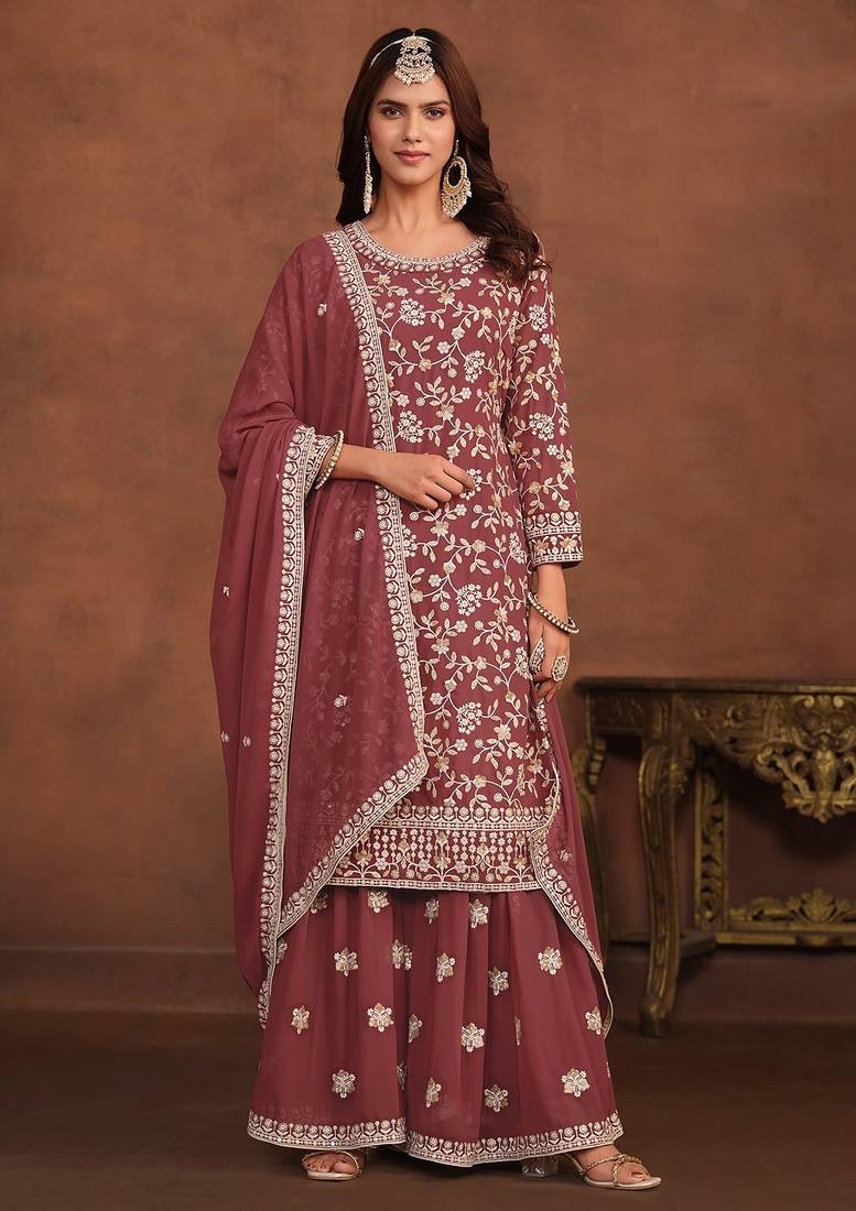 Mauve georgette embroidery & sequins semi stitched suit size up to 42