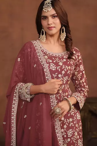 Mauve georgette embroidery & sequins semi stitched suit size up to 42